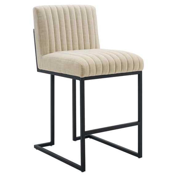 Pemberly Row 26.5" Channel Tufted Fabric Counter Stool in Beige/Black