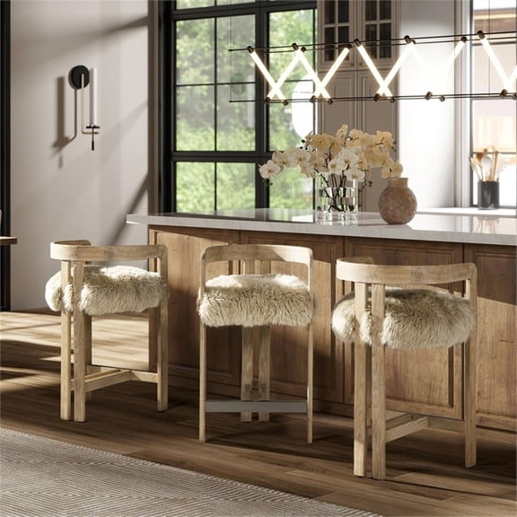 Pemberly Row 26.5" Low Back Counter Stool in Genuine Natural Sheepskin
