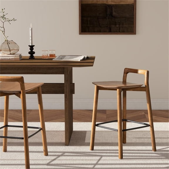 Pemberly Row 26.5" Minimalist Low Back Wood Counter Stool in Dark Brown Walnut