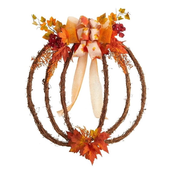 Pemberly Row 26" Autumn Pumpkin Artificial Vine Fall Wreath in Orange