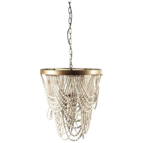 Pemberly Row 26x23 Gold Metal White washed Wooden Bead Three Bulb Chandelier