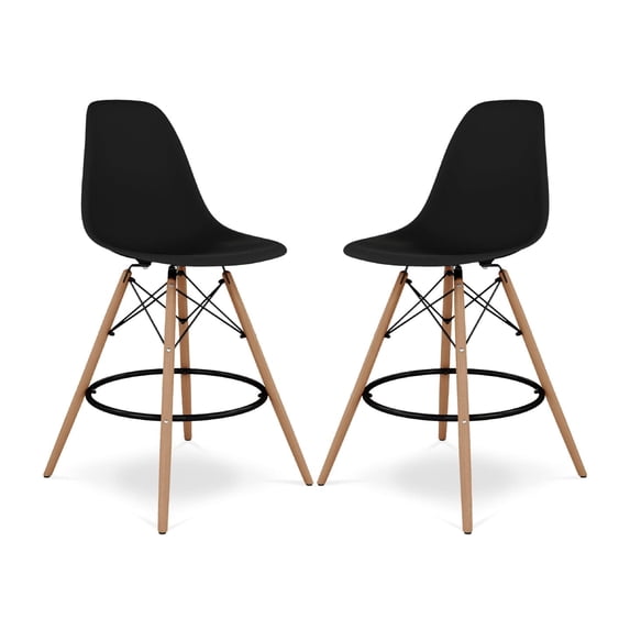 Pemberly Row 28" Plastic and Wood Counter Stools in Black (Set of 2)