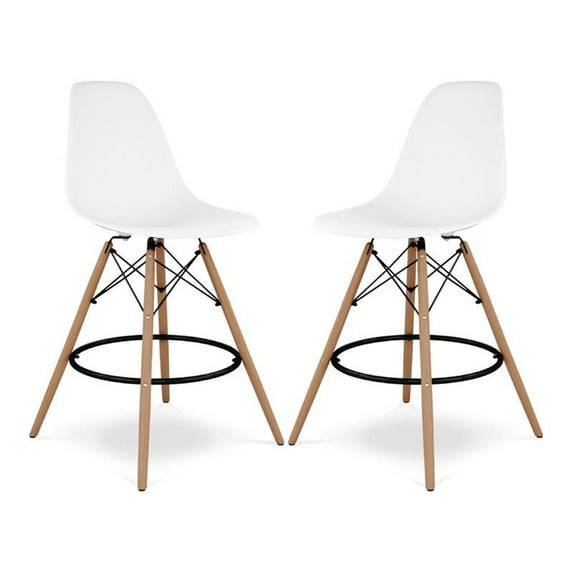 Pemberly Row 28" Plastic and Wood Counter Stools in White (Set of 2)