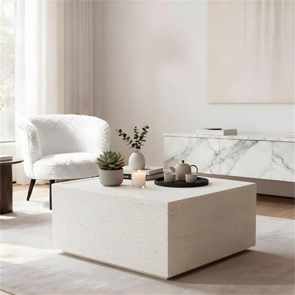 Pemberly Row 28" Square Indoor/Outdoor Coffee Table in Ivory Travertine