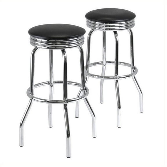 Pemberly Row 29.13" Metal/PVC Swivel Bar Stool in Black/Chrome (Set of 2)