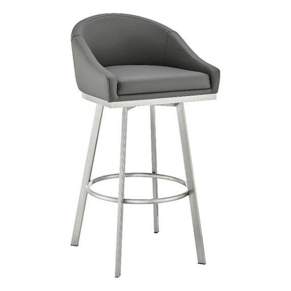Pemberly Row 29.5" Metal/Faux Leather Swivel Bar Stool in Gray/Chrome