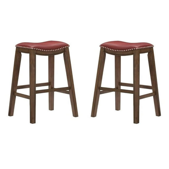 Pemberly Row 29" Upholstered Faux Leather Saddle Bar Stool in Red - Set of 2