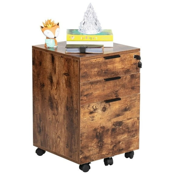 Pemberly Row 3-Drawer Engineered Wood Rolling File Cabinet with Lock in Brown