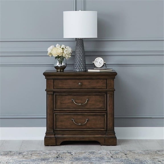 Pemberly Row 3 Drawer Nightstand with Built In Charging Station in Cherry