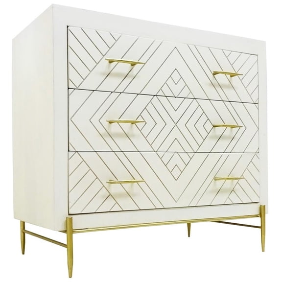 Pemberly Row 3-Drawer Solid Wood Chest in Ivory on Brass-Finished Iron Base