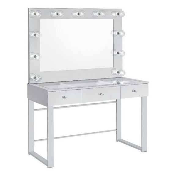 Pemberly Row 3-Drawer Wood Vanity with LED Lighting in Chrome/White