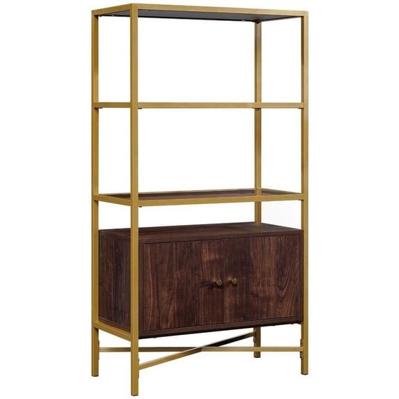 Pemberly Row 3 Glass Shelf Bookcase in Rich Walnut and Gold