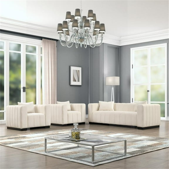 Pemberly Row 3-PC Living Room Furniture Velvet Fabric Sofa+2-Armchairs Set-Beige