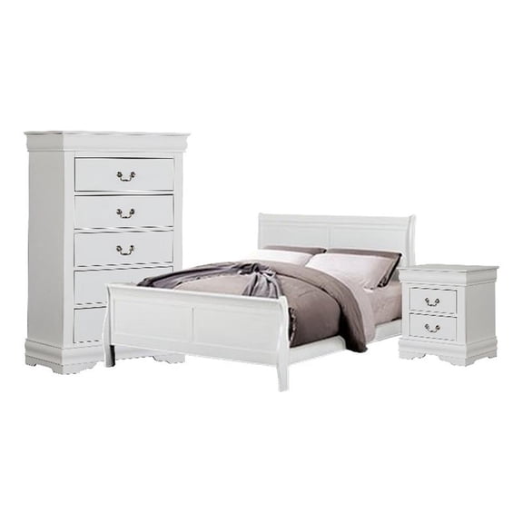 Pemberly Row 3 Pc Full Bedroom Set with Panel Headboard & Sleigh Design in White