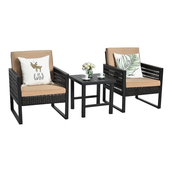 Pemberly Row 3-Pc Rattan Patio Bistro Set w/ Cushioned Sofa Chairs in Mix Brown