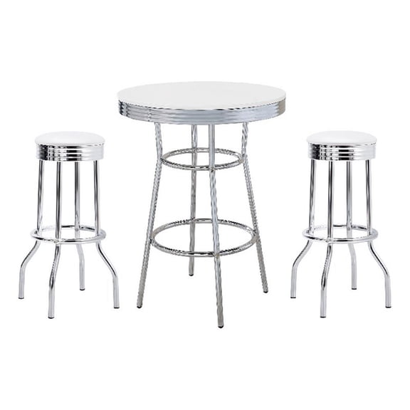 Pemberly Row 3 Pc Retro Bar Table Set with 2 Swivel Stools in White and Chrome