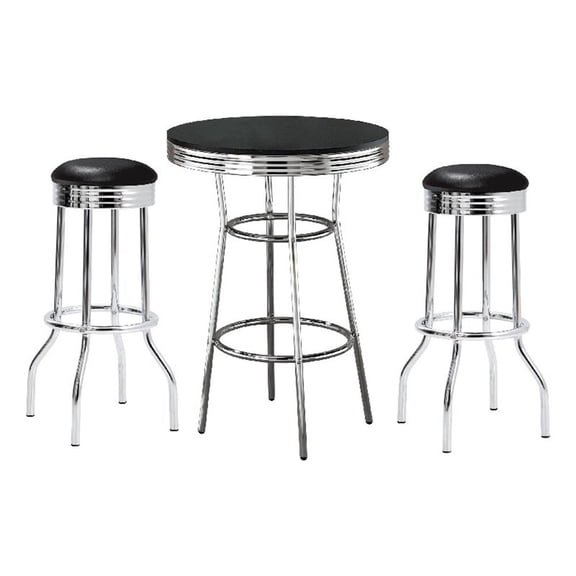 Pemberly Row 3 Pc Retro Bar Table Set with Round Black Top & 2 Stools in Chrome