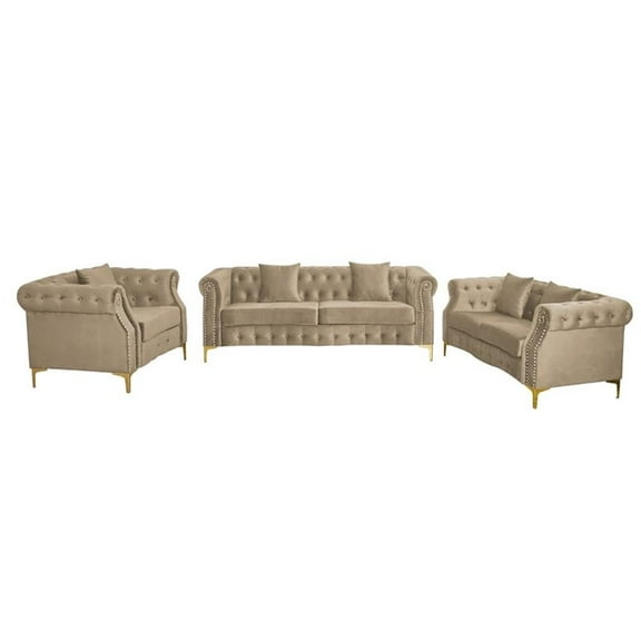 Pemberly Row 3-Pcs Living Room Set Velvet Sofa Set & Golden rivets-Beige