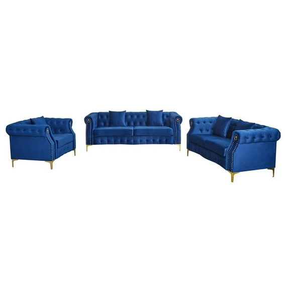 Pemberly Row 3-Pcs Living Room Set Velvet Sofa Set & Golden rivets-Blue