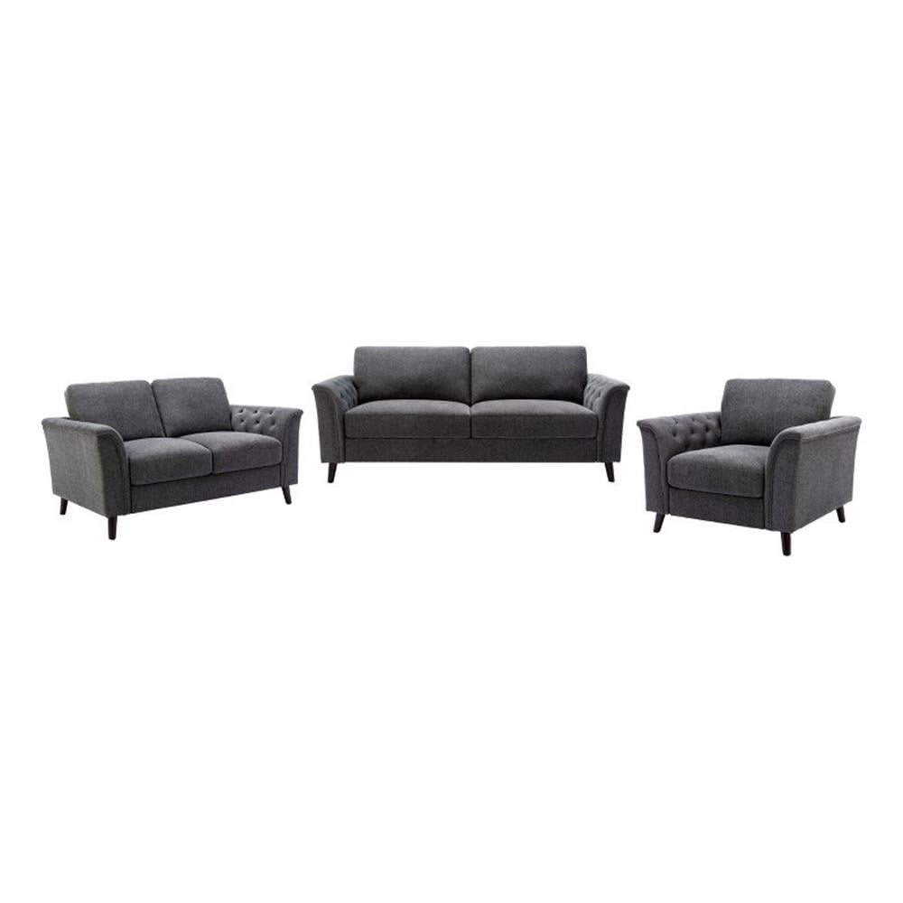 Pemberly Row 3-Piece Linen Fabric Sofa Set with Tufted Arms in Dark ...