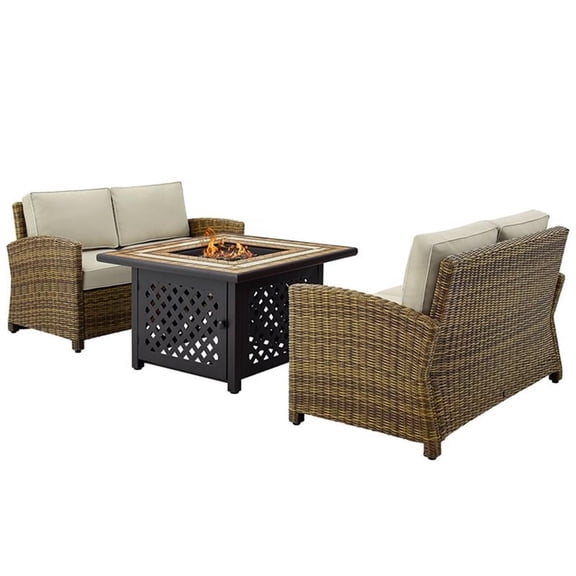 Pemberly Row 3-Piece Metal Patio Fire Pit Sofa Set in Brown and Sand