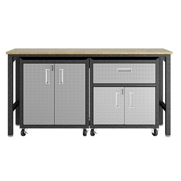 Pemberly Row 3-Piece Modern Metal Mobile Garage Cabinet Set in Gray