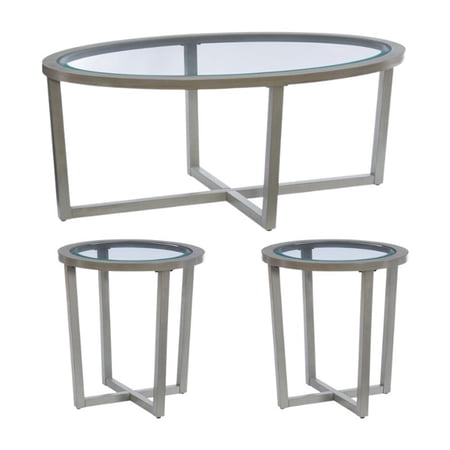 Pemberly Row 3 Piece Round Table Set Living Room Set, Includes 1 Wooden Coffee Table and 2 End Tables with Glass Top in Sandstone