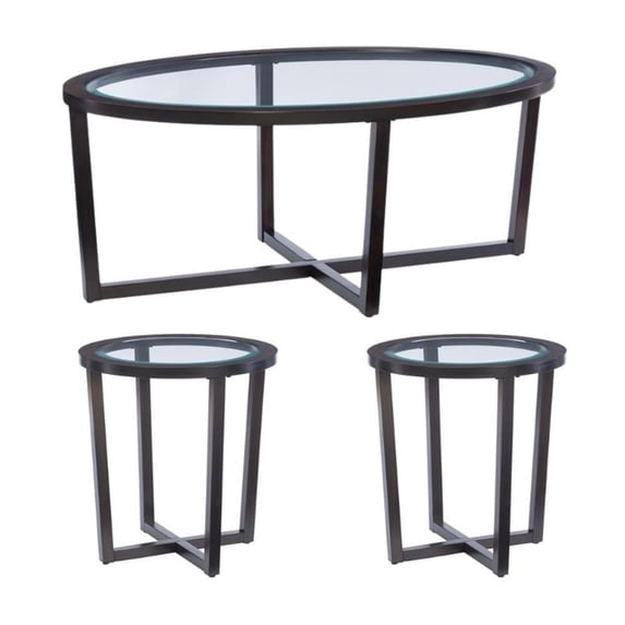 Pemberly Row 3 Piece Round Table Set Living Room Set, Includes 1 Wooden Coffee Table and 2 End Tables with Glass Top in Umber