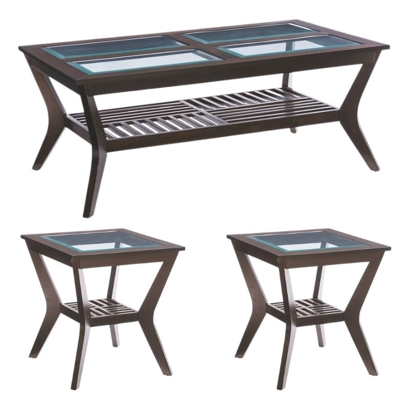 Pemberly Row Boho 3 Piece Set 1 Glass Top Coffee Table & 2 End Tables with Storage in Umber
