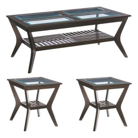 Pemberly Row 3 Piece Table Set Living Room Set, Includes 1 Wooden Rectangular Coffee Table and 2 End Tables with Glass Top in Umber