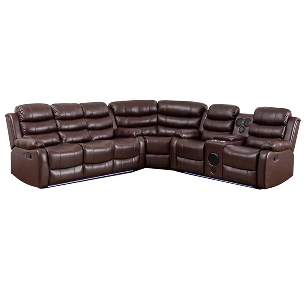 Pemberley Row Vegan Leather Brown Reclining Sectional Rectangular USB Power Sound System Unassembled