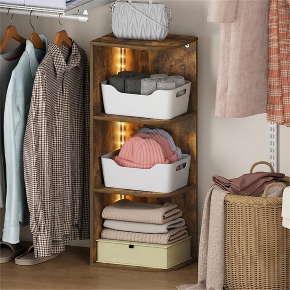 Pemberly Row 3-Tier Corner Closet Organizer with LED Light in Amber Pine