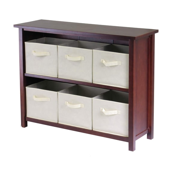 Pemberly Row 3-Tier Long Solid Wood Storage Shelf with Baskets in Walnut/Beige