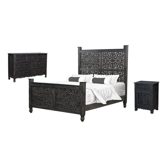 Pemberly Row 3-piece Floral Carved Solid Wood Bedroom Set in Black