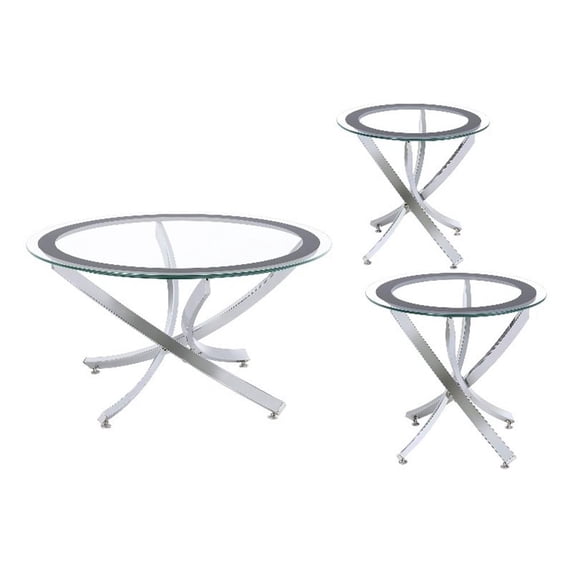 Pemberly Row 3-piece Round Glass Top Metal Base Coffee Table Sets Chrome & Black