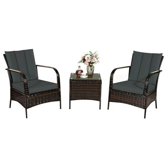 Pemberly Row 3-piece Wicker Rattan Patio Furniture Set with Cushions in Gray