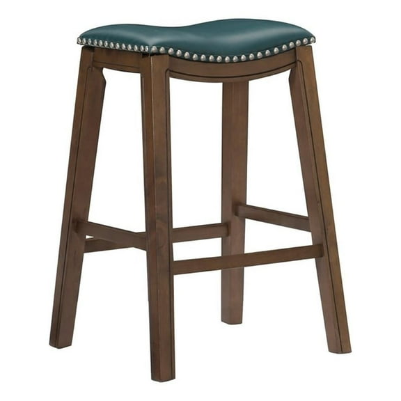 Pemberly Row 30.75" Transitional Faux Leather Saddle Bar Stool in Green