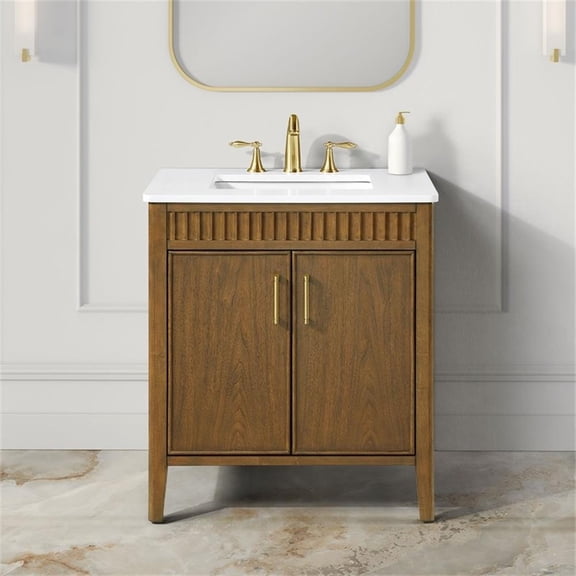 Pemberly Row 30" Bathroom Vanity in Warm Walnut with White Countertop