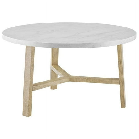 Pemberly Row 30"Faux Marble Round Coffee Table in White and Light Oak