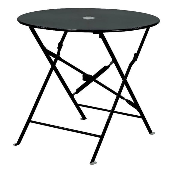 Pemberly Row 30" Folding Metal Bistro Table with Umbrella Hole in Black