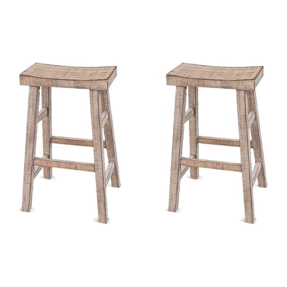 Pemberly Row 30" Mahogany Wood Saddle Seat Stool in Beach Pebble Beige-Set of 2