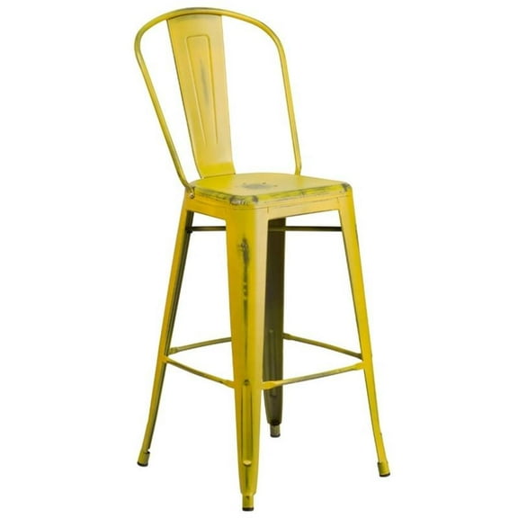 Pemberly Row 30" Metal Curved Slat Back Bar Stool in Distressed Yellow