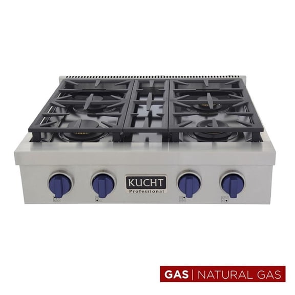 Pemberly Row 30" Natural Gas Range Top in Stainless Steel with Royal Blue Knobs
