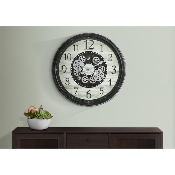 Pemberly Row 30" Oversized Round Moving Gear Wall Clock in Dark Brown