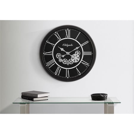 Pemberly Row 30" Oversized Round Moving Gear Wall Clock in Sleek Black