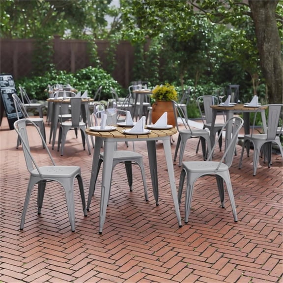 Pemberly Row 30" Poly Resin Restaurant Table with Steel Frame in Brown/Silver