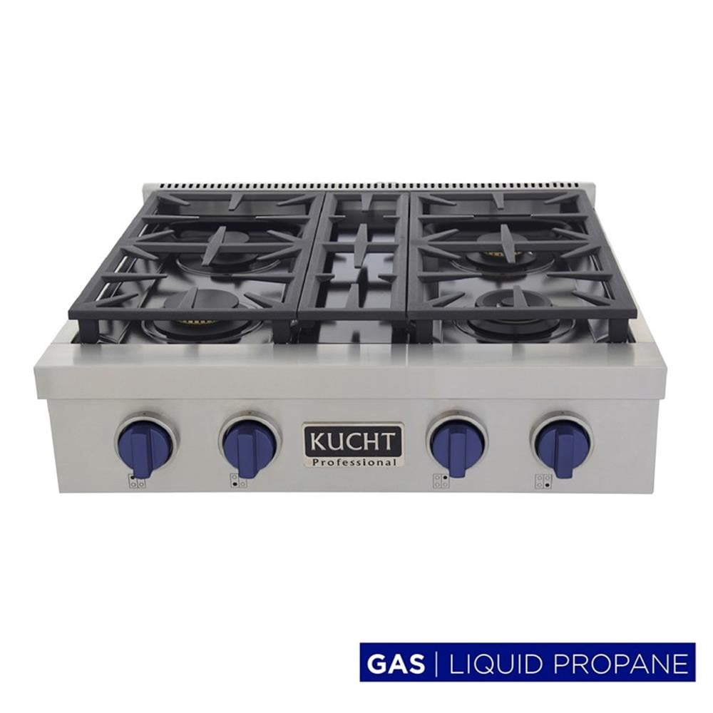 Pemberly Row 30" Propane Gas Range Top in Stainless Steel with Royal Blue Knobs