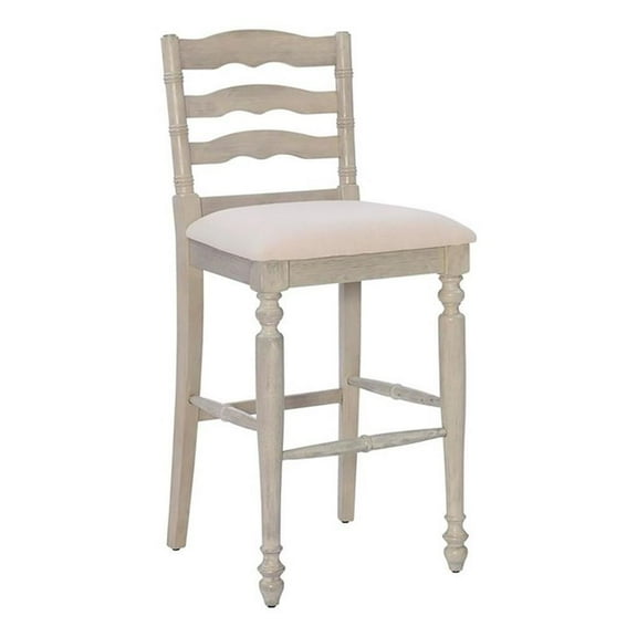 Pemberly Row 30" Retro Wood & Fabric Bar Stool in Antique White