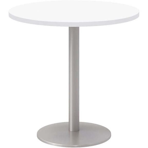Pemberly Row 30" Round Wood Top Pedestal Dining Table in White and Silver