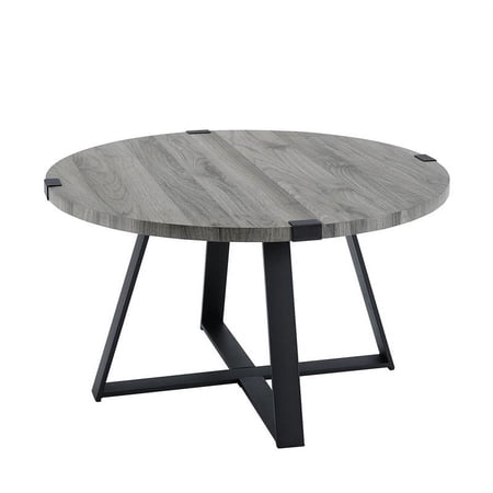 Pemberly Row 30" Rustic Round Metal Wrap Coffee Table in Slate Gray